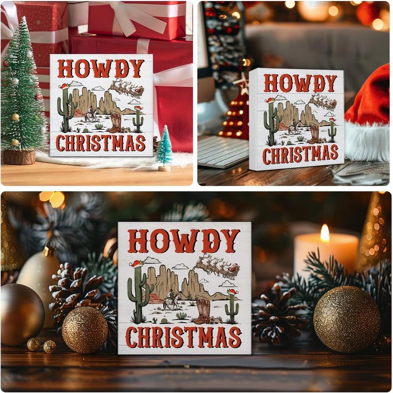 Zauly Western Christmas Decorations, Cowboy Decor Sign, Howdy Christmas Wood Sign Rustic Home Table Desk Decor (5 x 5 Inches) - Image 3